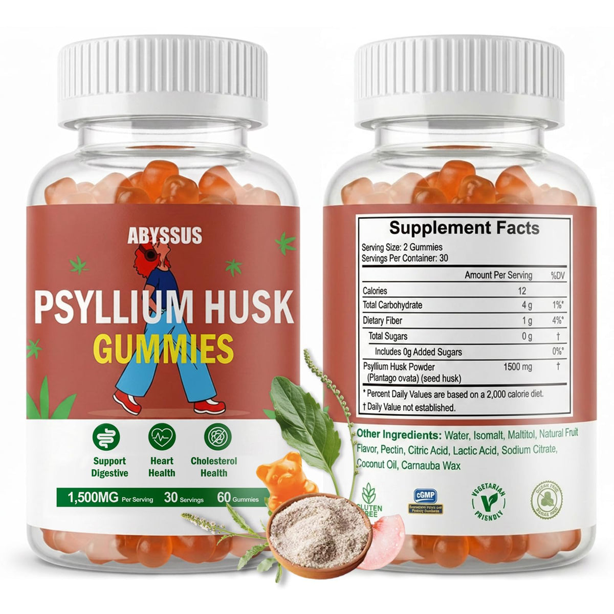 ABYSSUS Gummies de Psyllium 1500mg, gummies à côté d'une bouteille d'eau