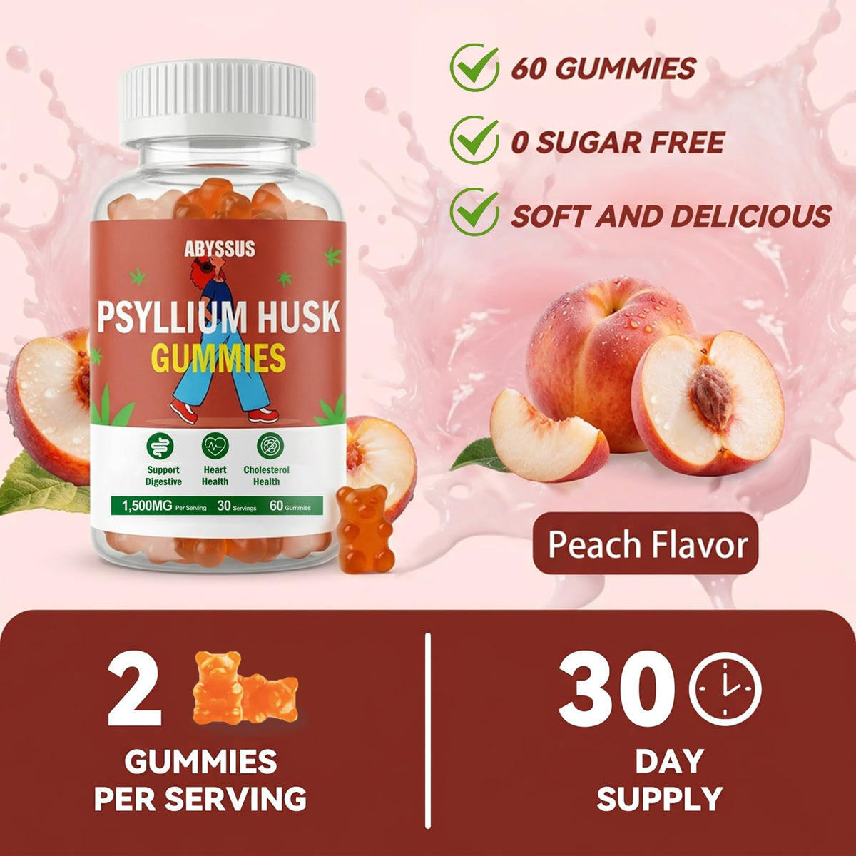 ABYSSUS Gummies de Psyllium 1500mg, gummies avec des fruits en arrière-plan