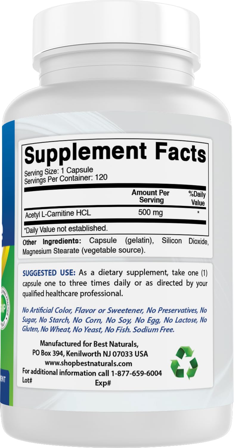 Acétyl L-Carnitine Best Naturals avec vue de l'arrière de la bouteille