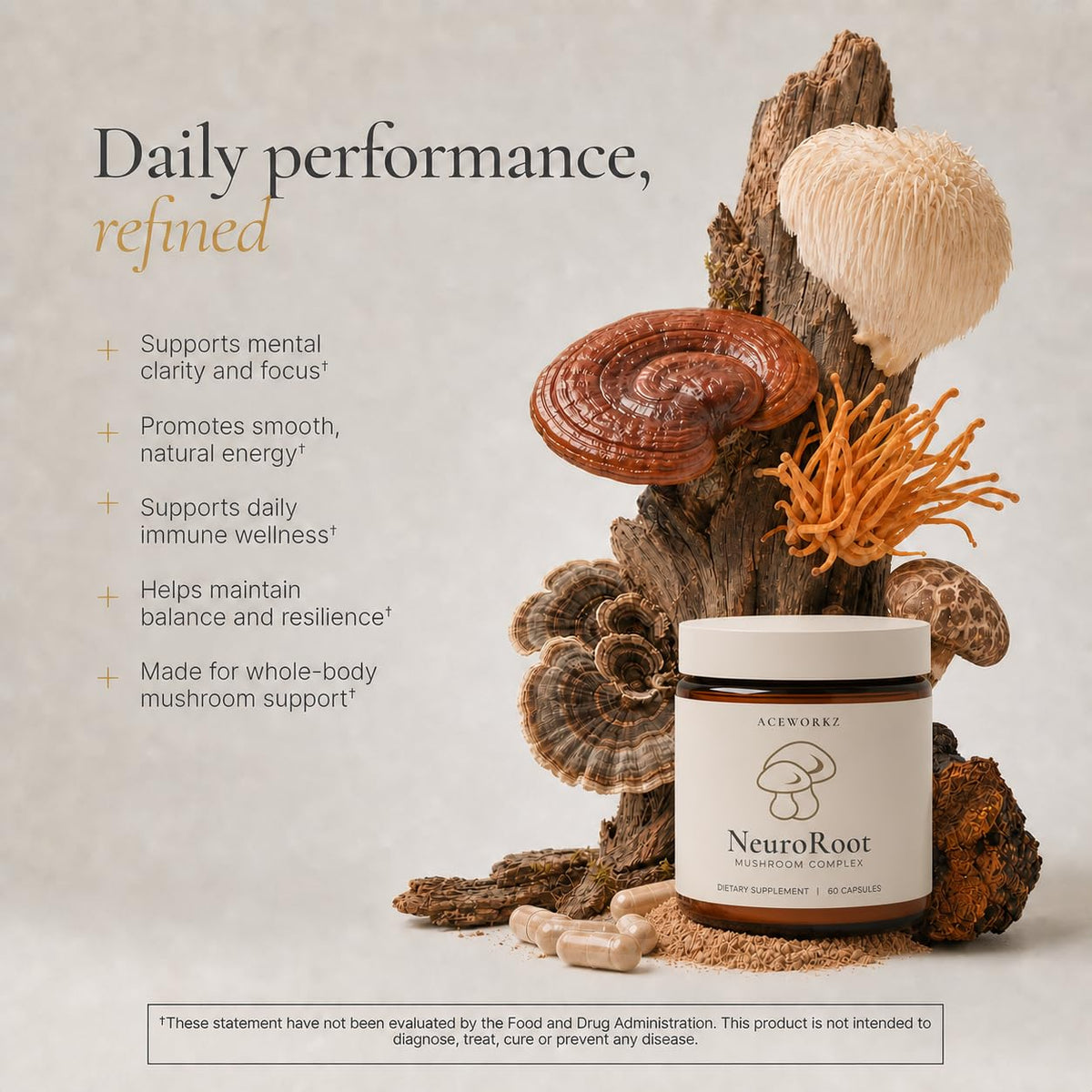 ACEWORKZ NeuroRoot Complément Alimentaire 10 Champignons - Flacon ouvert avec capsules