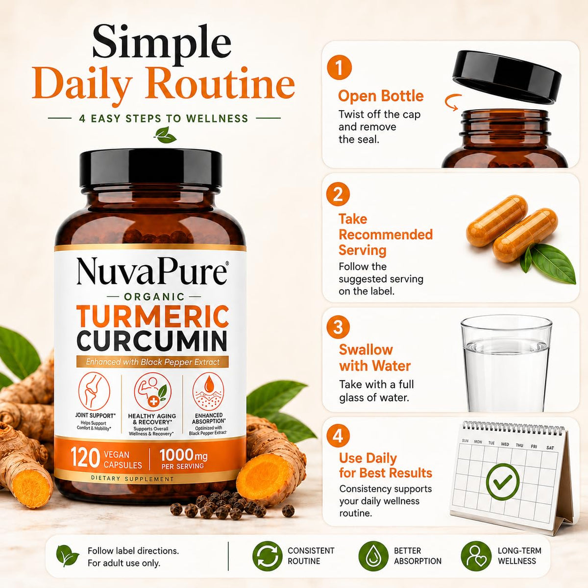 Achuhue Curcuma Curcumin 100g à côté d'un verre d'eau