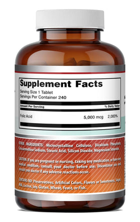 Acide Folique Amazing Nutrition 5000 Mcg avec fond neutre