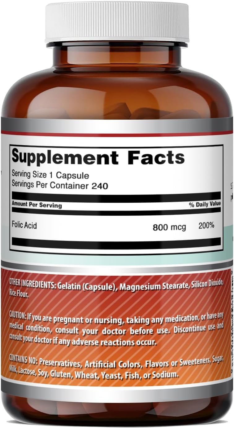 Acide Folique Amazing Nutrition 800 Mcg avec capsules à côté