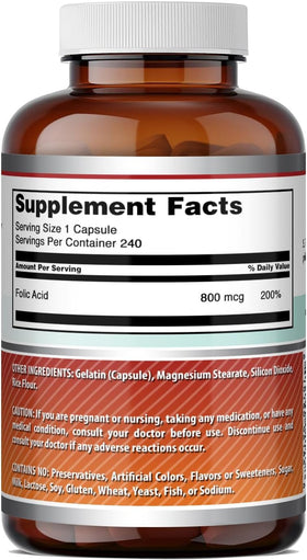 Acide Folique Amazing Nutrition 800 Mcg avec capsules à côté