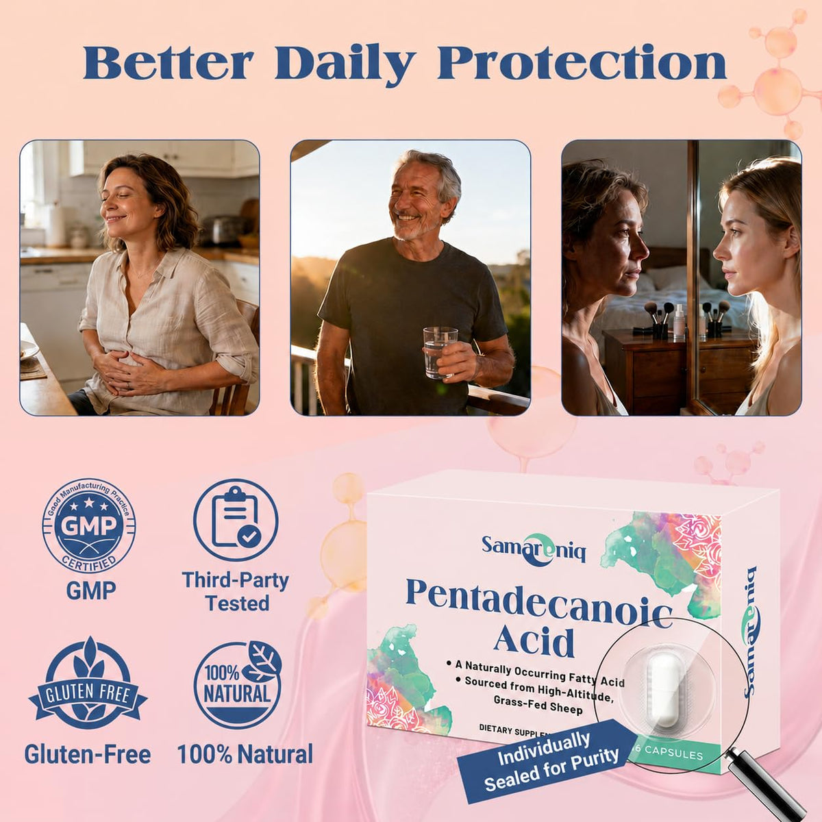 Acide pentadécanoïque 300mg capsules Samarenlq sur fond blanc