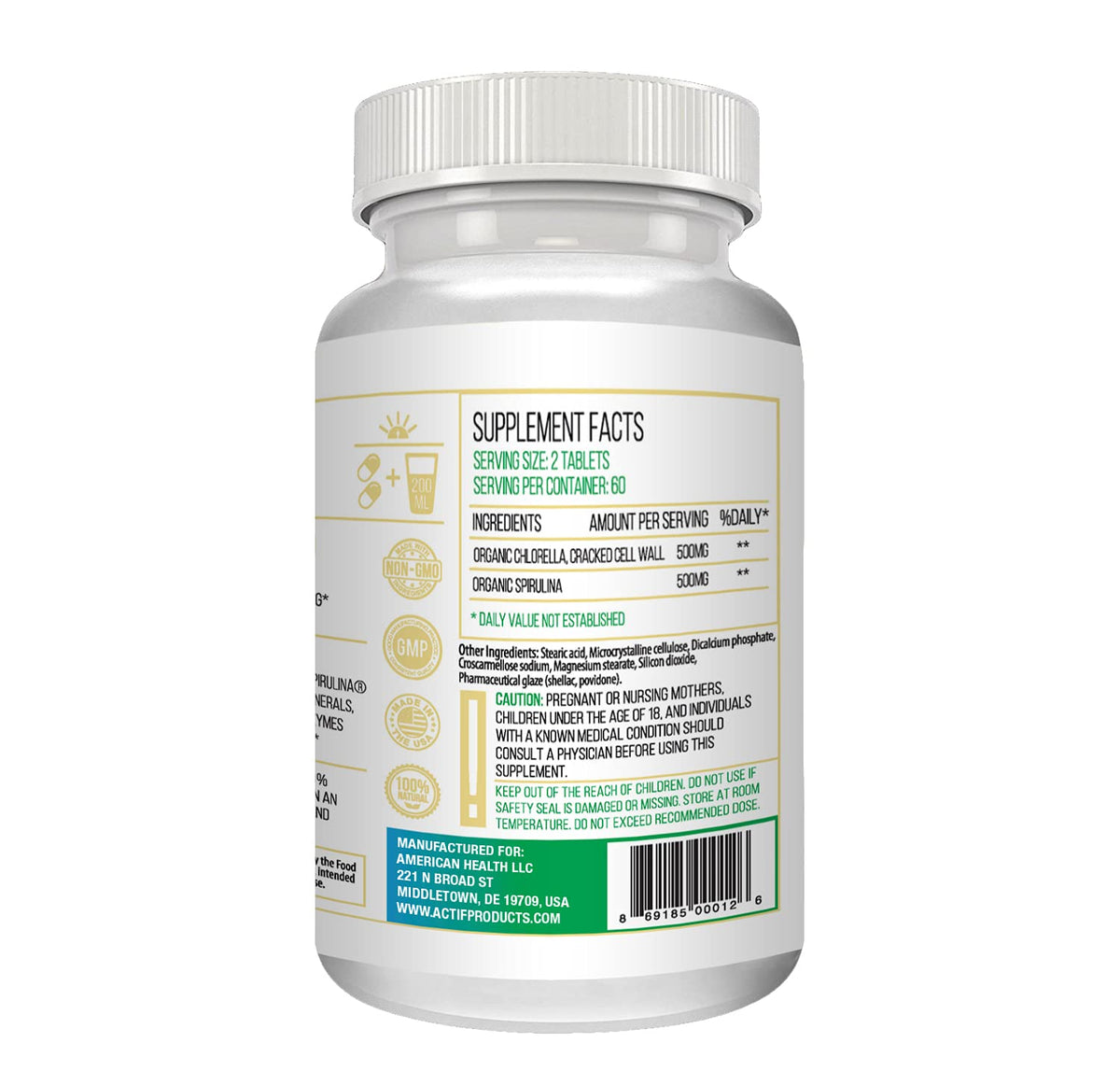 ACTIF Chlorella et Spiruline 500mg à côté d'un verre d'eau