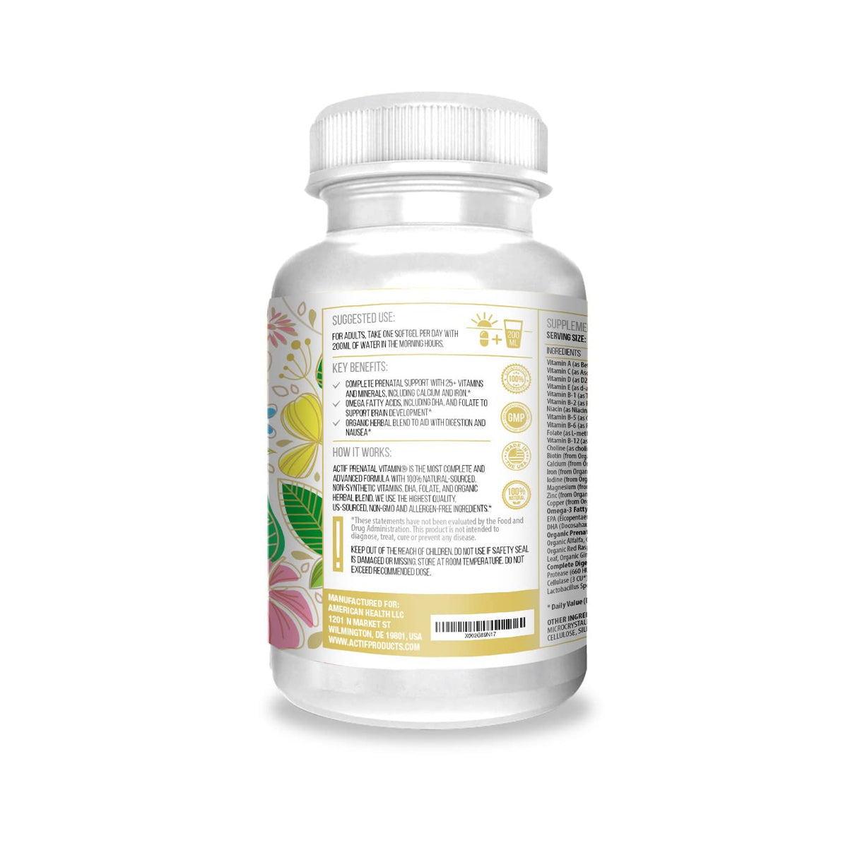 ACTIF Complément Alimentaire Prénatal 90 Capsules avec étiquette détaillée