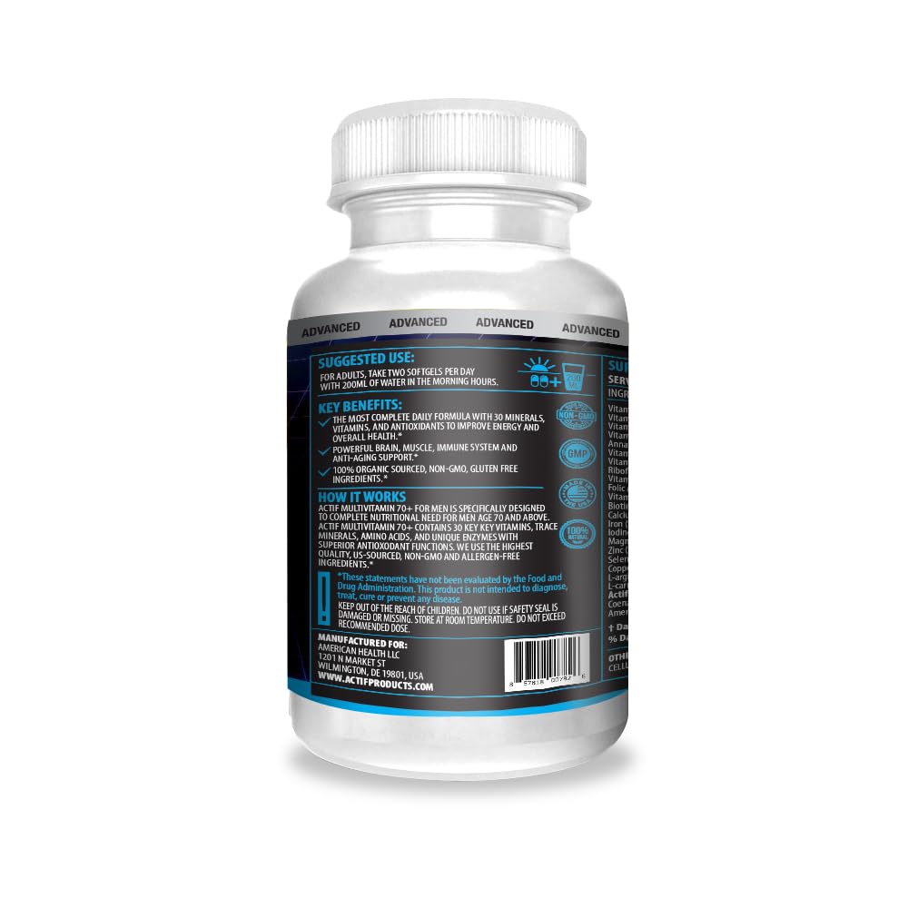 ACTIF Multivitamine Homme 70+, comprimés sur une table