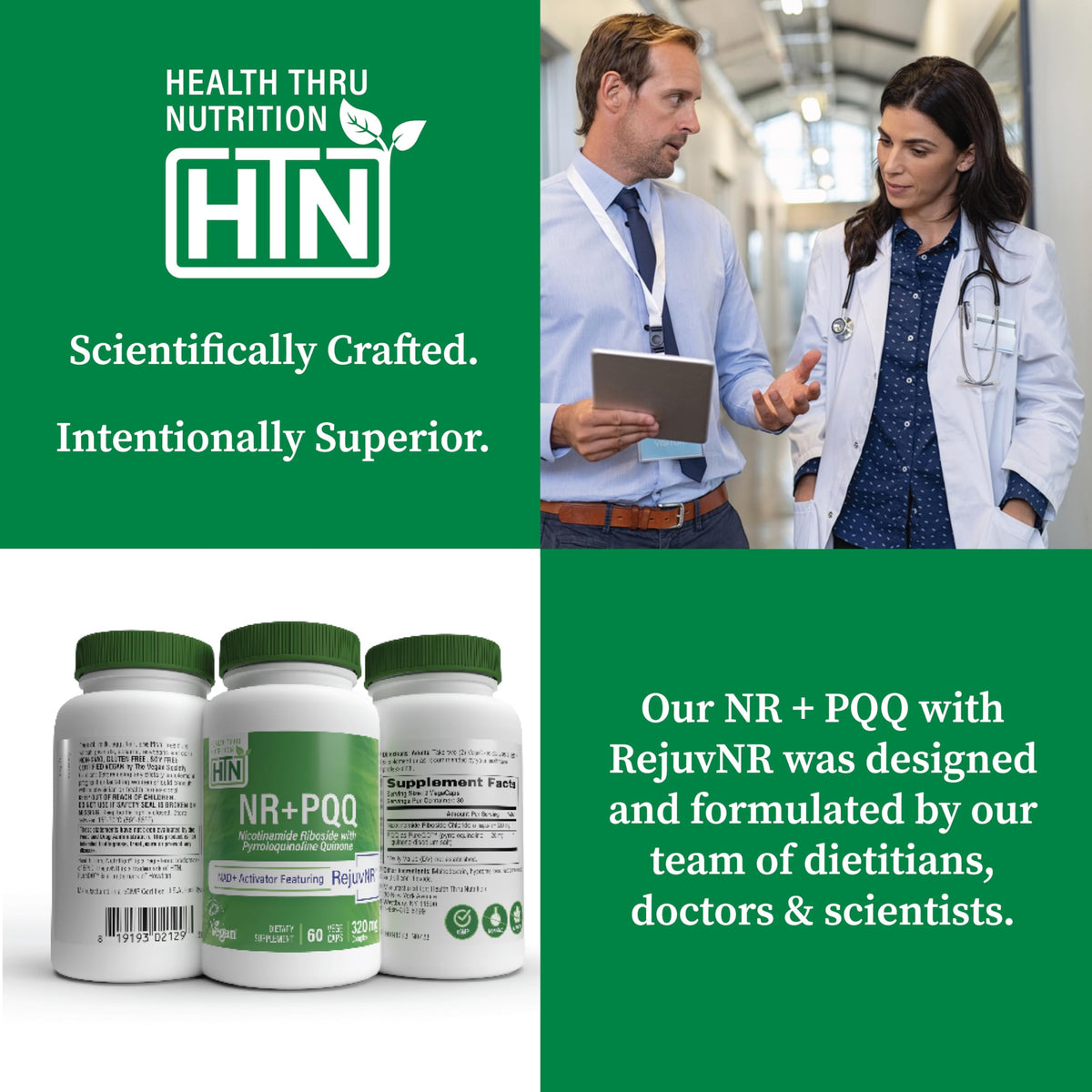 Activateur NAD+ 300mg avec PQQ de Health Thru Nutrition, emballage sur une table