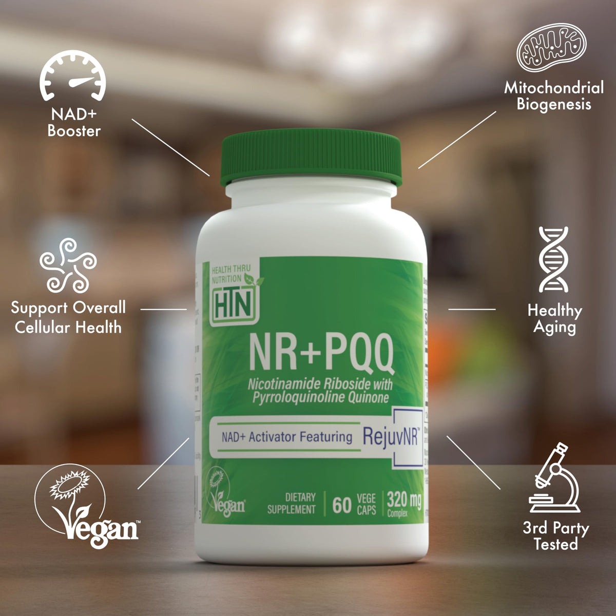 Activateur NAD+ de Health Thru Nutrition sur un fond de cuisine