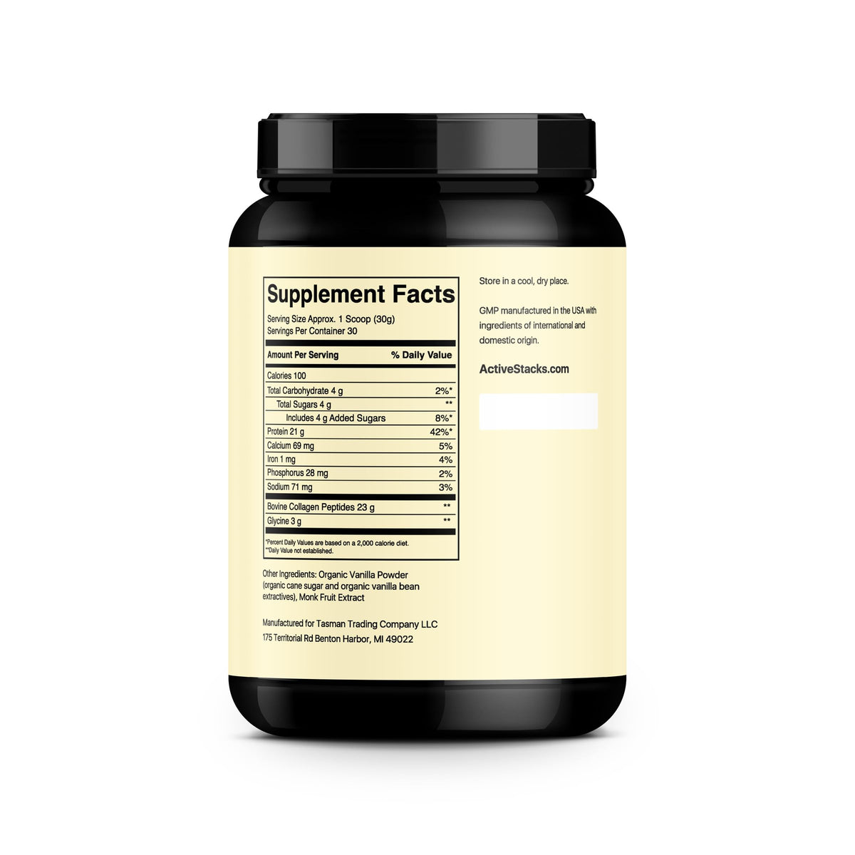 Active Stacks Poudre de Collagène Vanille 1080g en utilisation dans un smoothie