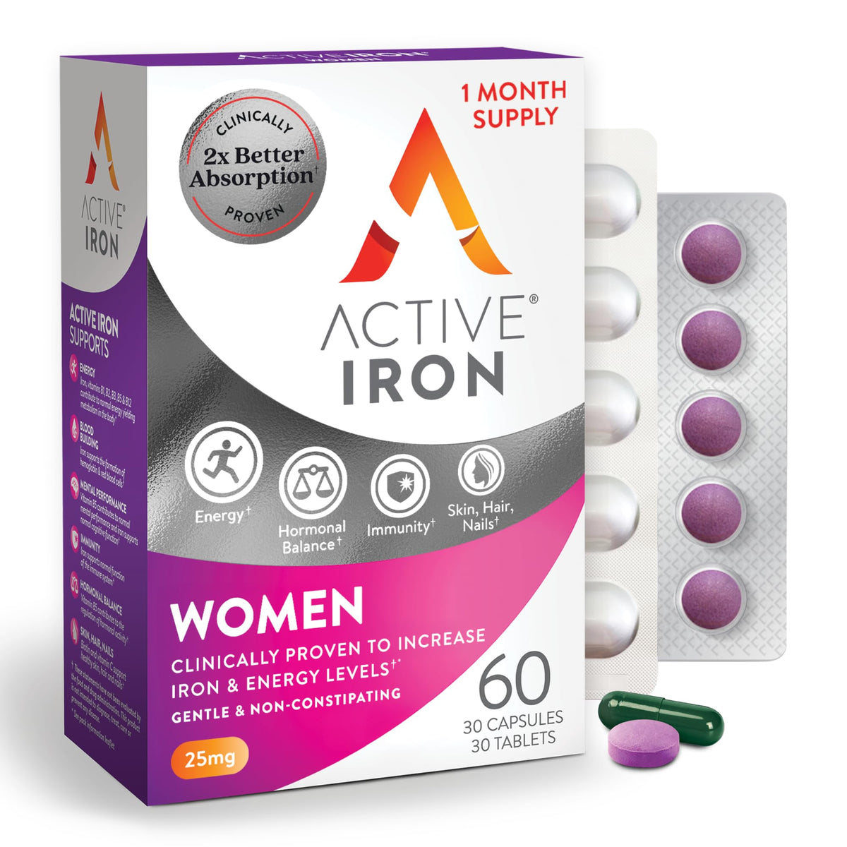 ACTIVEIRON Complément Alimentaire Fer 25mg et Multivitamines pour Femmes, emballage avant