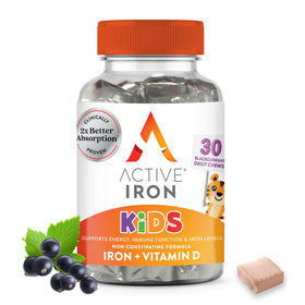 ACTIVEIRON Complément Alimentaire Fer 7mg + Vitamine D pour Enfants, 30 Chews au Cassis