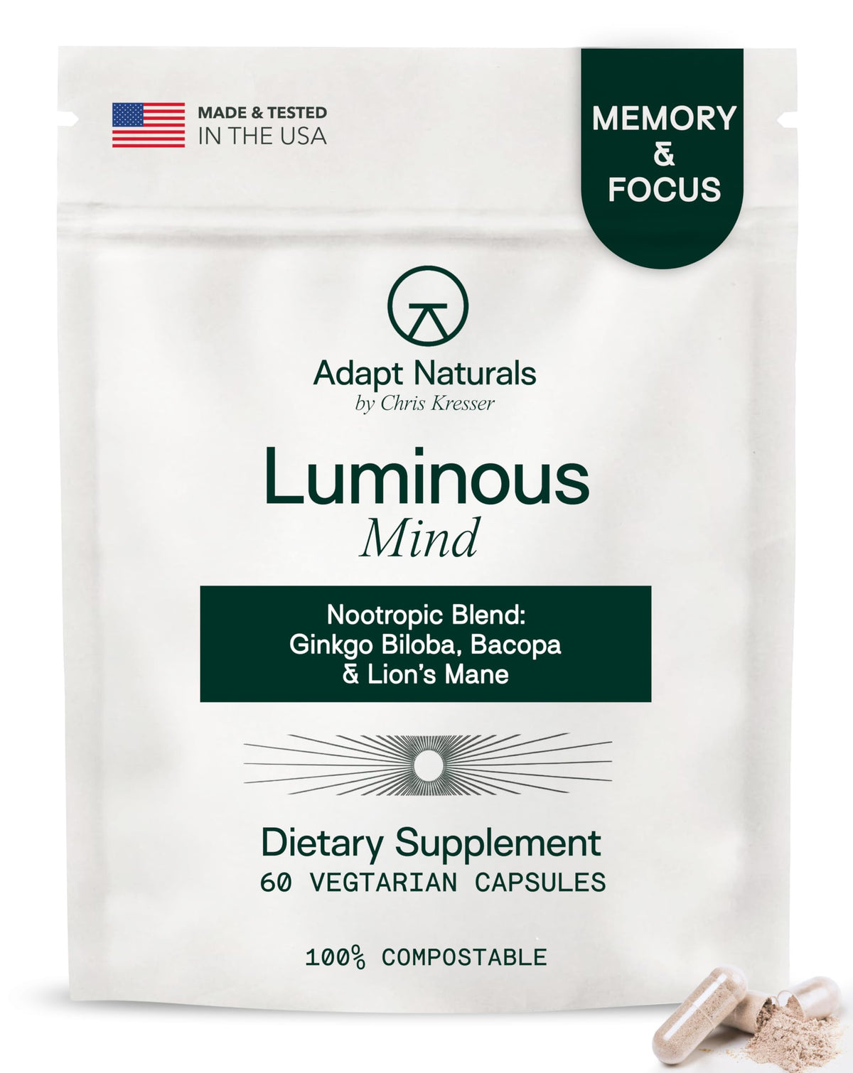 ADAPT NATURALS Luminous Mind complément alimentaire 30 jours vue de face