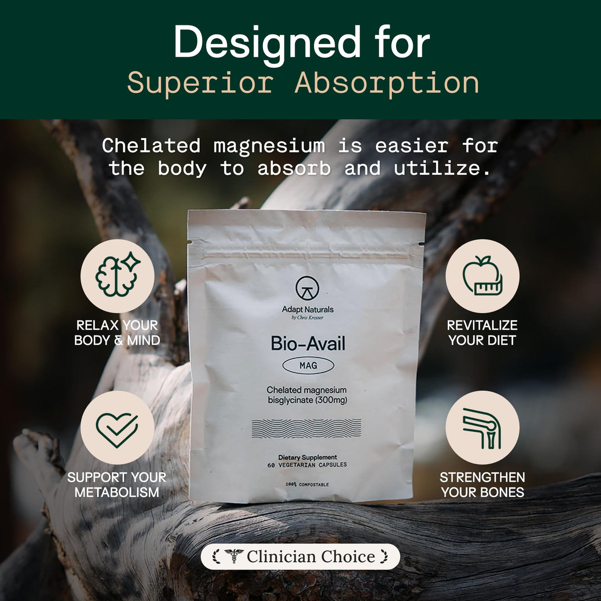 ADAPT NATURALS Magnésium Glycinate capsules à côté d'un verre d'eau