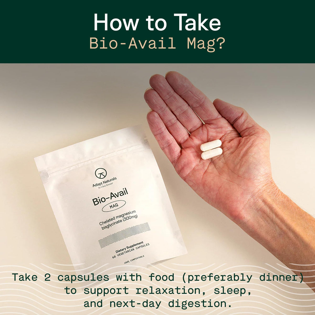 ADAPT NATURALS Magnésium Glycinate capsules sur une table en bois