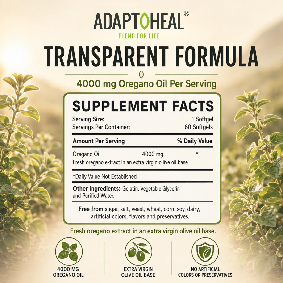 ADAPTOHEAL Huile d'Origan 4000mg gélules molles emballage