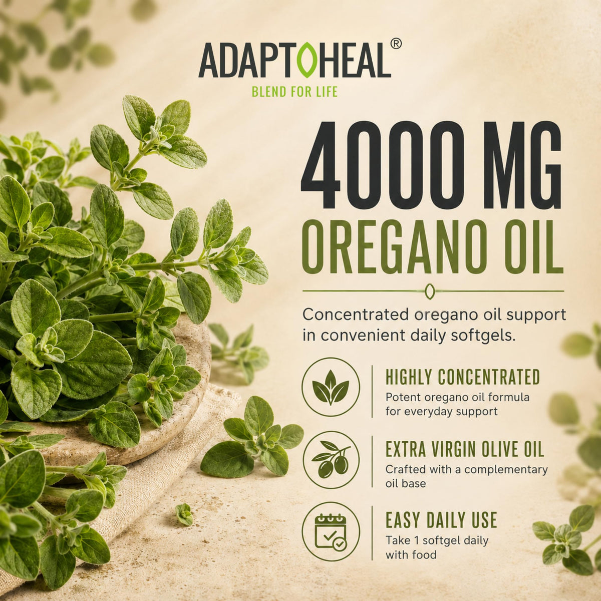 ADAPTOHEAL Huile d'Origan 4000mg gélules molles en main