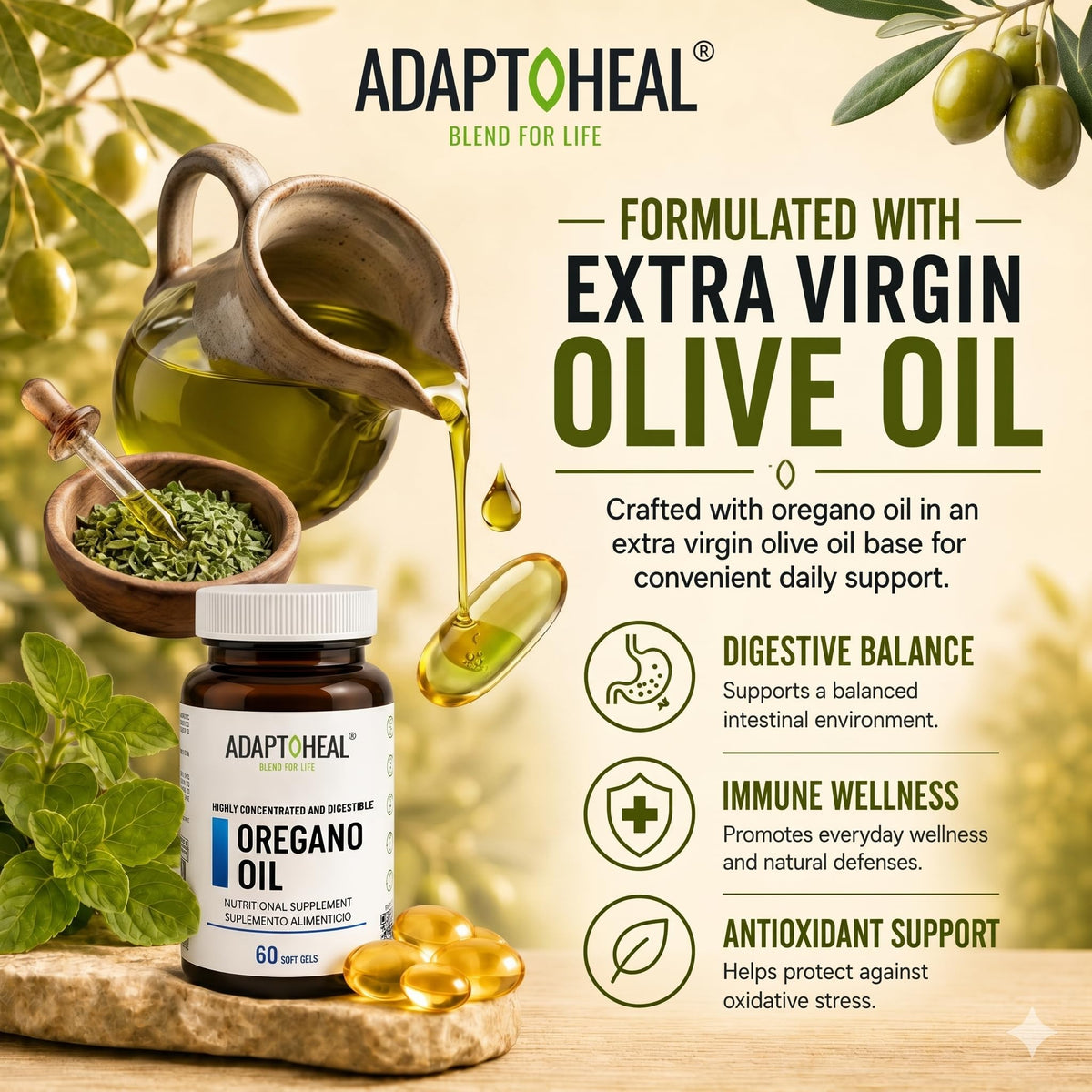 ADAPTOHEAL Huile d'Origan 4000mg gélules molles sur fond blanc