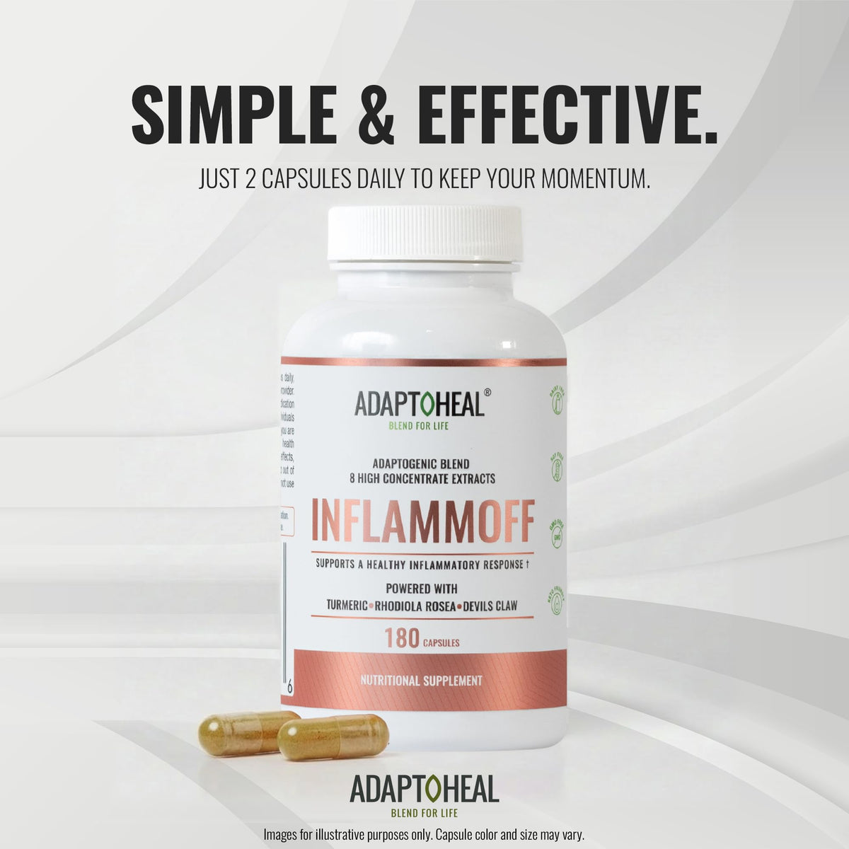 ADAPTOHEAL Inflammoff capsules à côté d'un verre d'eau