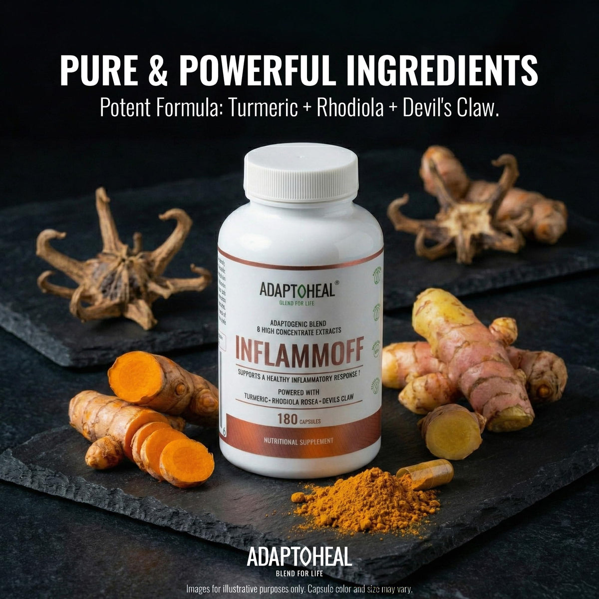 ADAPTOHEAL Inflammoff flacon ouvert avec capsules
