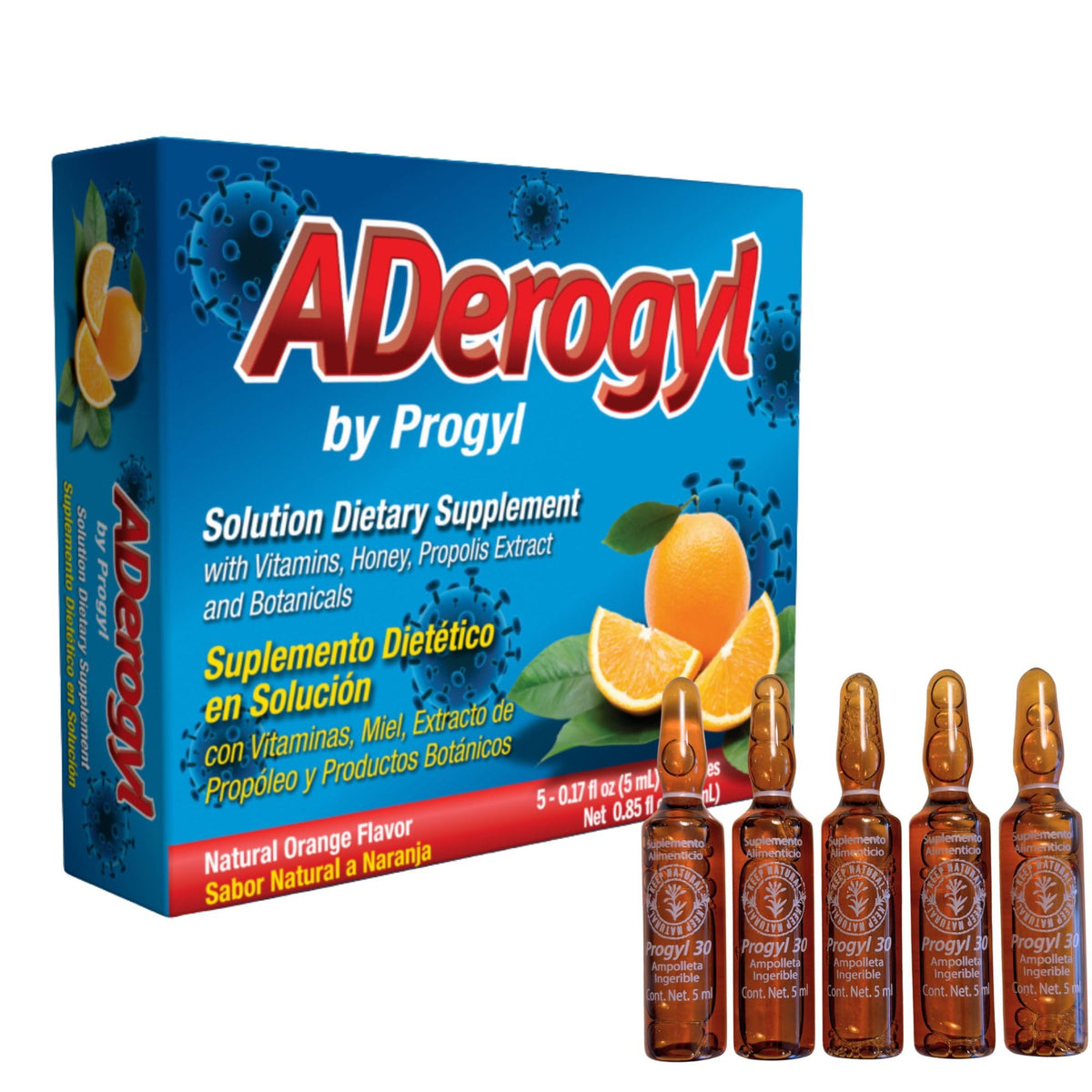 Aderogyl Complément Alimentaire Liquide 5 Ampoules 25ml vue de face