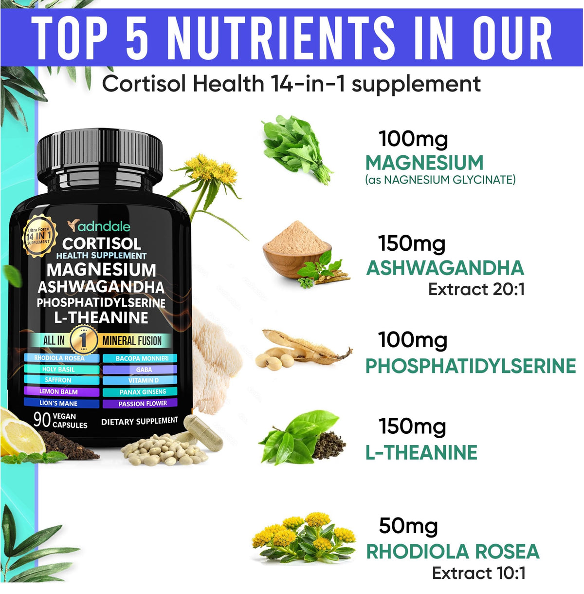Adndale Compléments Alimentaires Cortisol Femme - capsules présentées sur une table