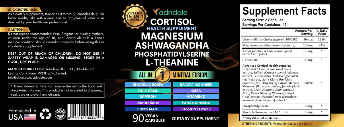 Adndale Compléments Alimentaires Cortisol Femme - composition sur l'emballage
