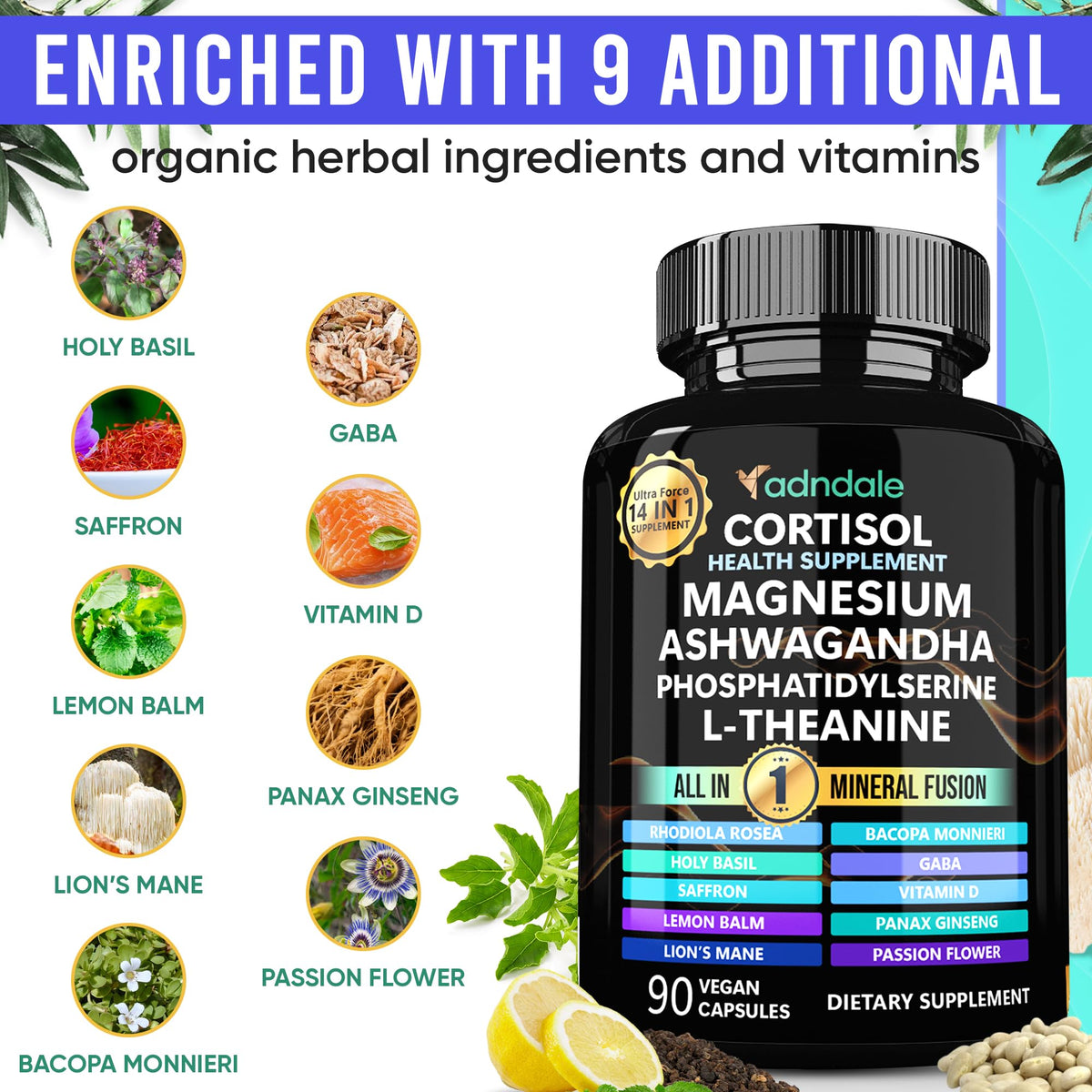 Adndale Compléments Alimentaires Cortisol Femme - étiquette du produit