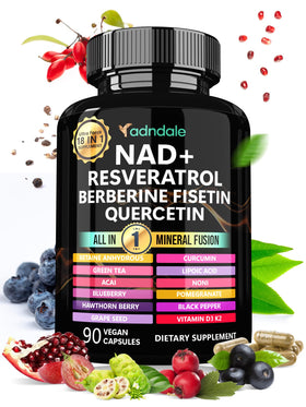 Adndale NAD+ Resvératrol 90 capsules vue de face avec étiquette