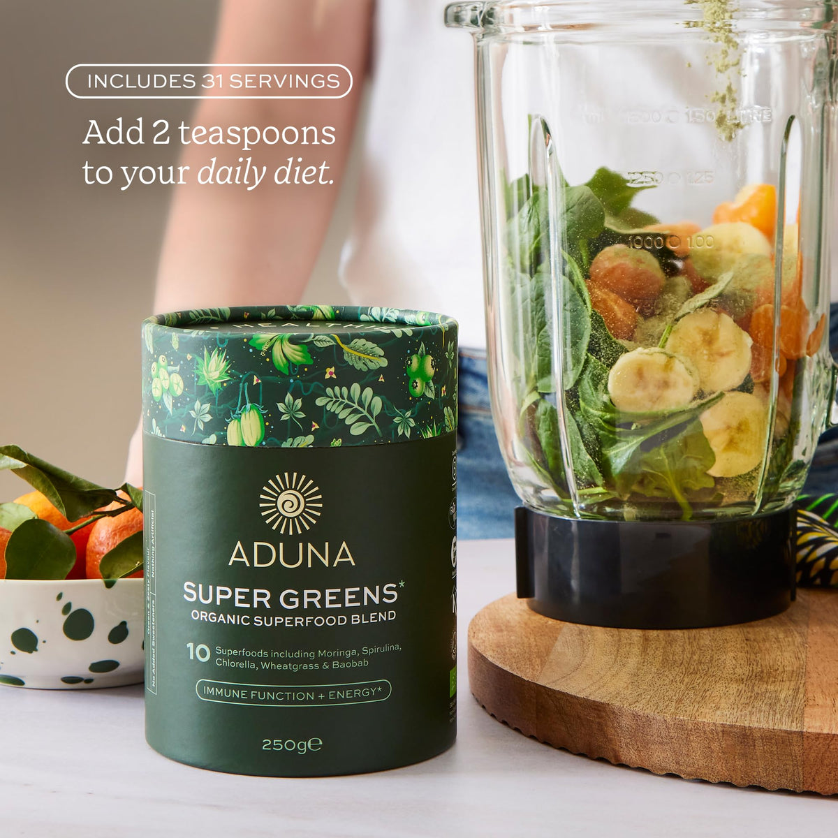 Aduna Mélange de Super Greens Bio 250g - cuillère à café de poudre