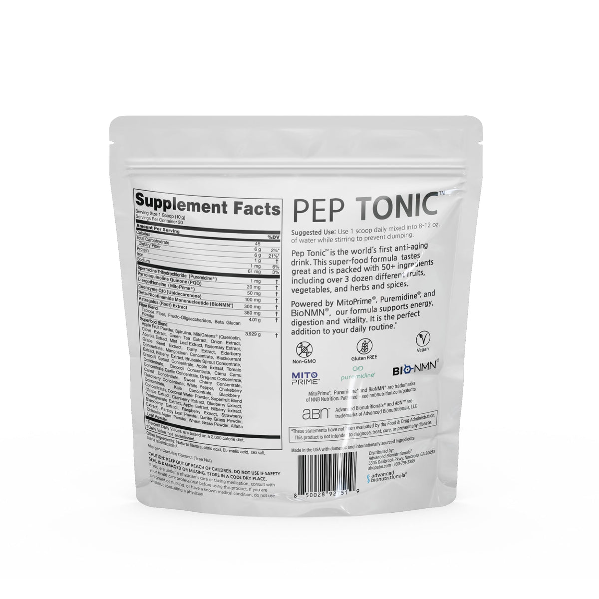 Advanced Bionutritionals Pep Tonic Poudre Superaliment 290g étiquette et ingrédients