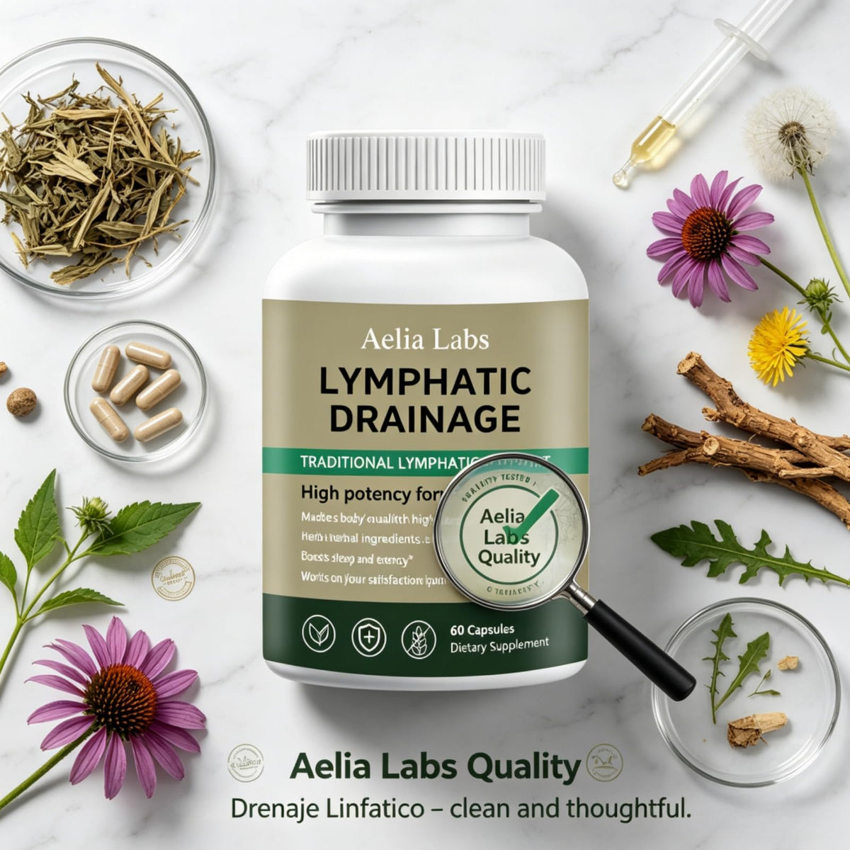 Aelia Labs Drenage Linfatico 60 Pcs, ambiance lifestyle avec produit