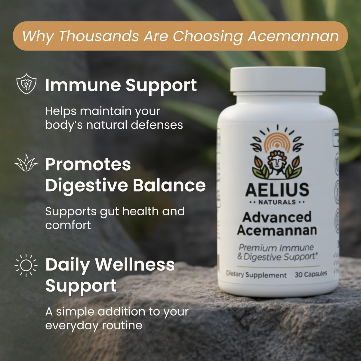 Aelius Naturals Aloe Vera Acemannan emballage et capsules