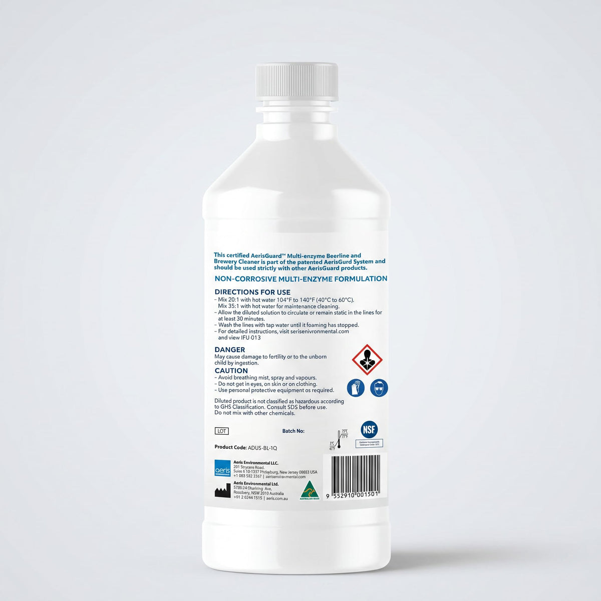 AerisGuard Nettoyant Multi-Enzymes 1 Quart étiquette et dosage