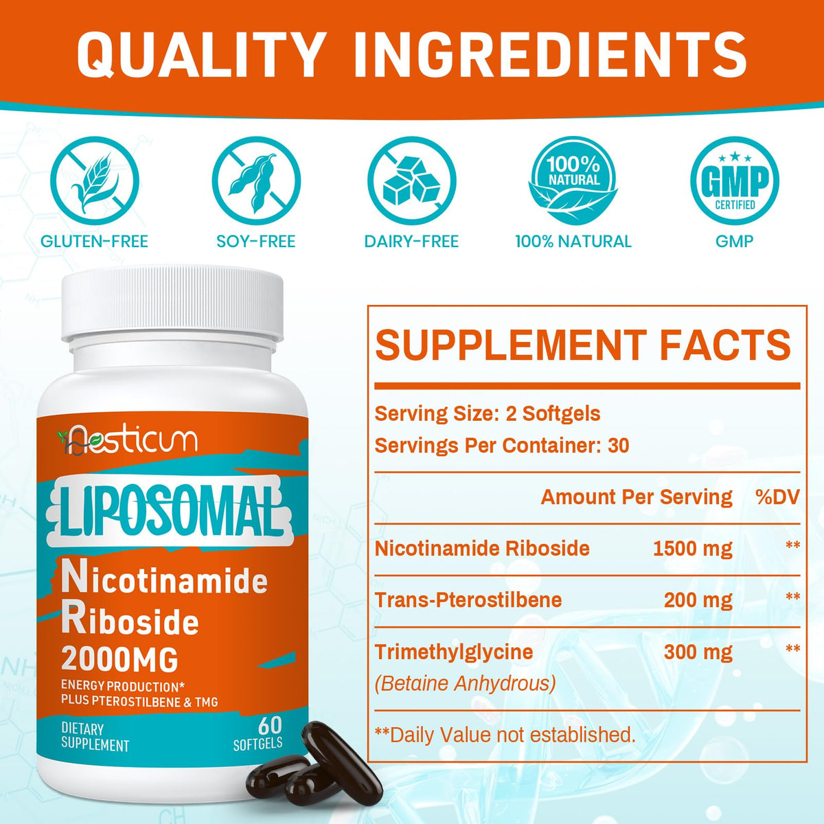 Aesticum Nicotinamide Riboside 2000mg softgels sur fond blanc