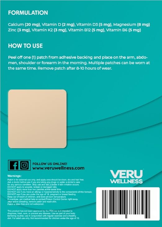 Affichage des 60 patches Calcium Magnésium Veru Wellness à l'intérieur de la boîte