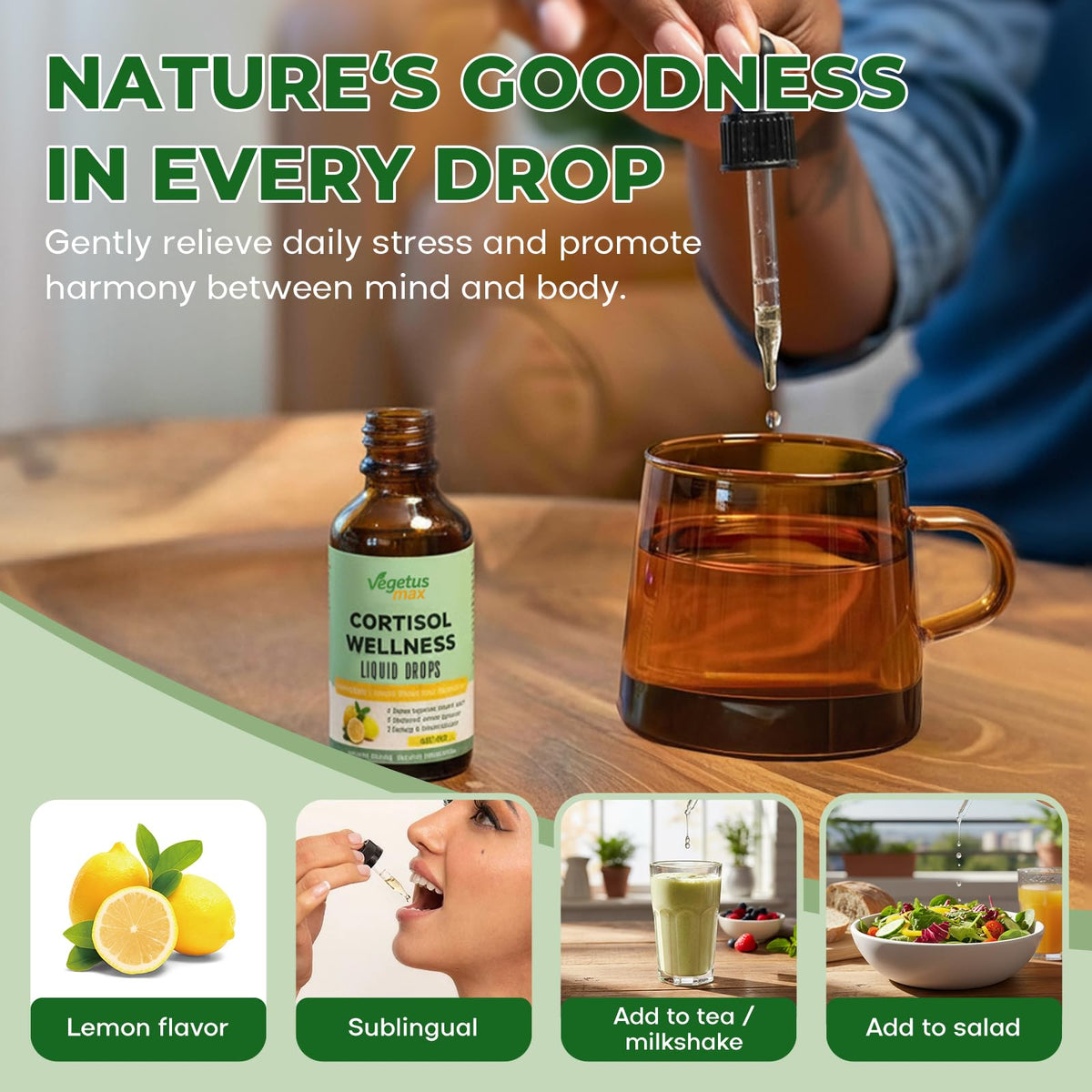 Affichage des herbes contenues dans le mélange de gouttes de cortisol VEGETUSMAX