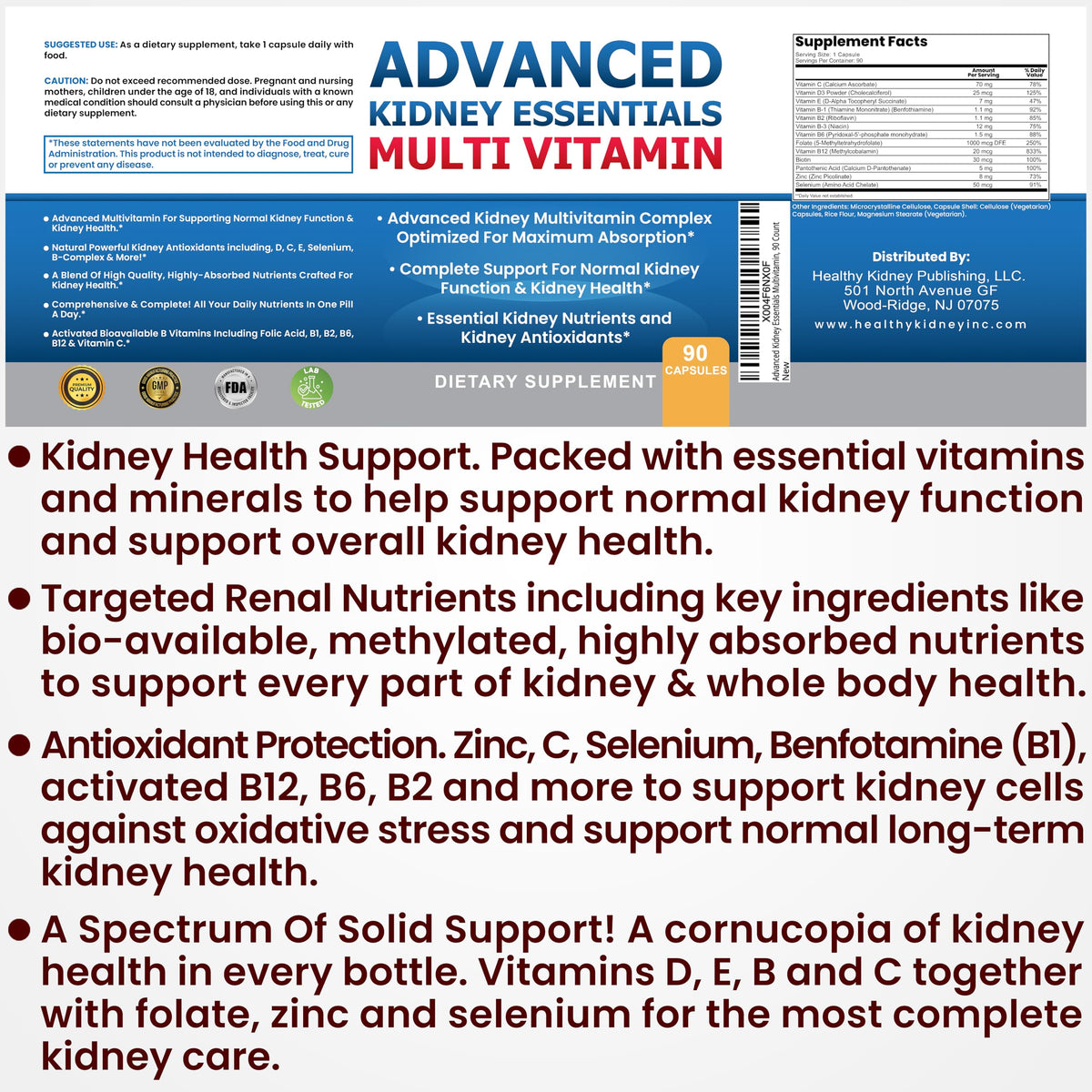 Affichage des ingrédients de Kidney Restore Advanced Kidney Essentials Multivitamin