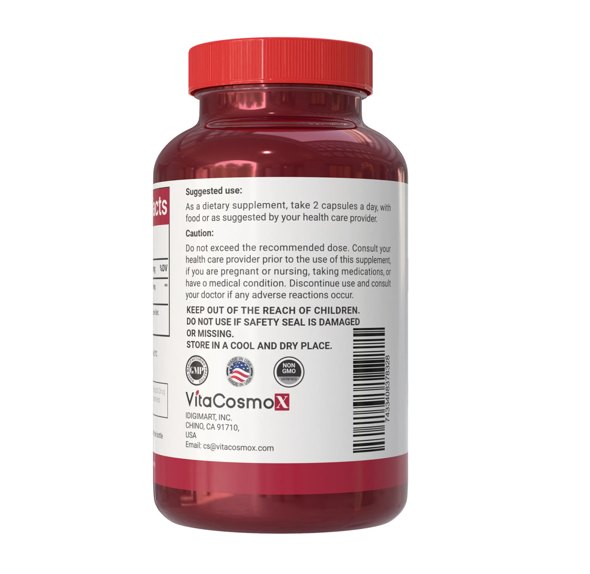 Affichage des ingrédients des capsules de lycopène VitaCosmoX