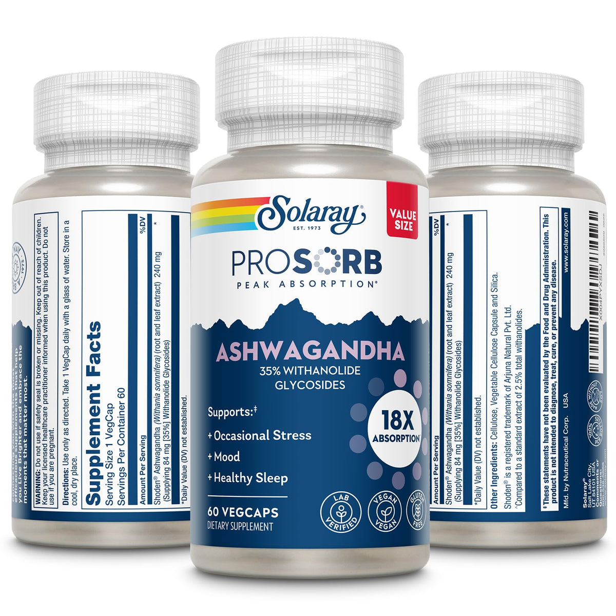 Affichage des ingrédients des capsules SOLARAY Ashwagandha