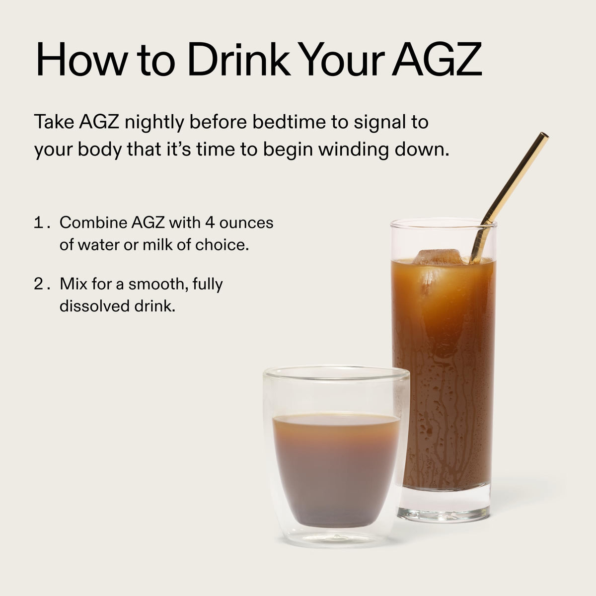AG1 AGZ Boisson de Nuit, poudre dans un verre d'eau