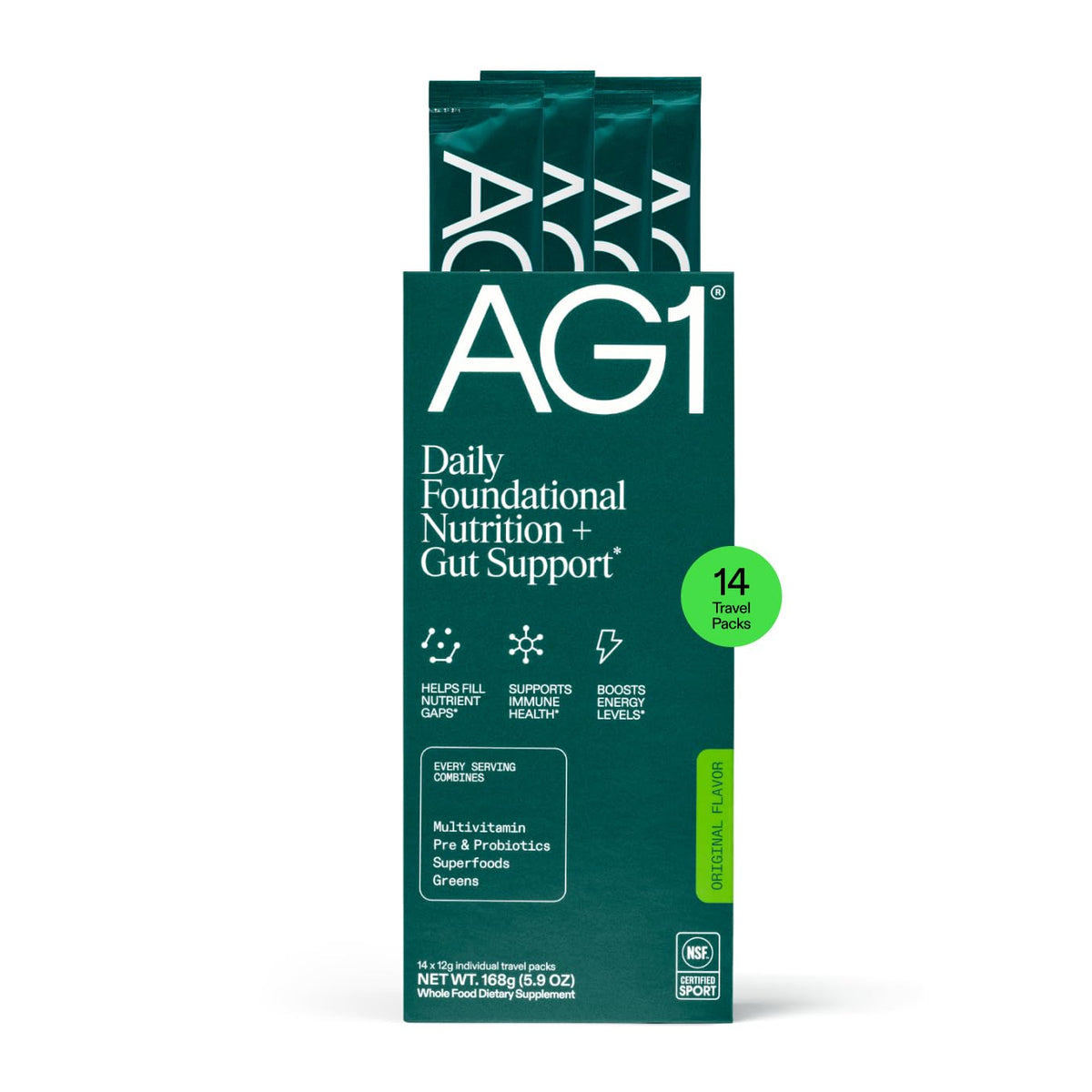 AG1 Superfood et Probiotique pack voyage 14 sachets vue de face