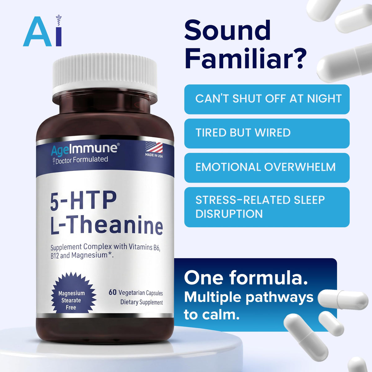 AgeImmune 5-HTP 100mg L-Theanine 400mg, présentation des ingrédients