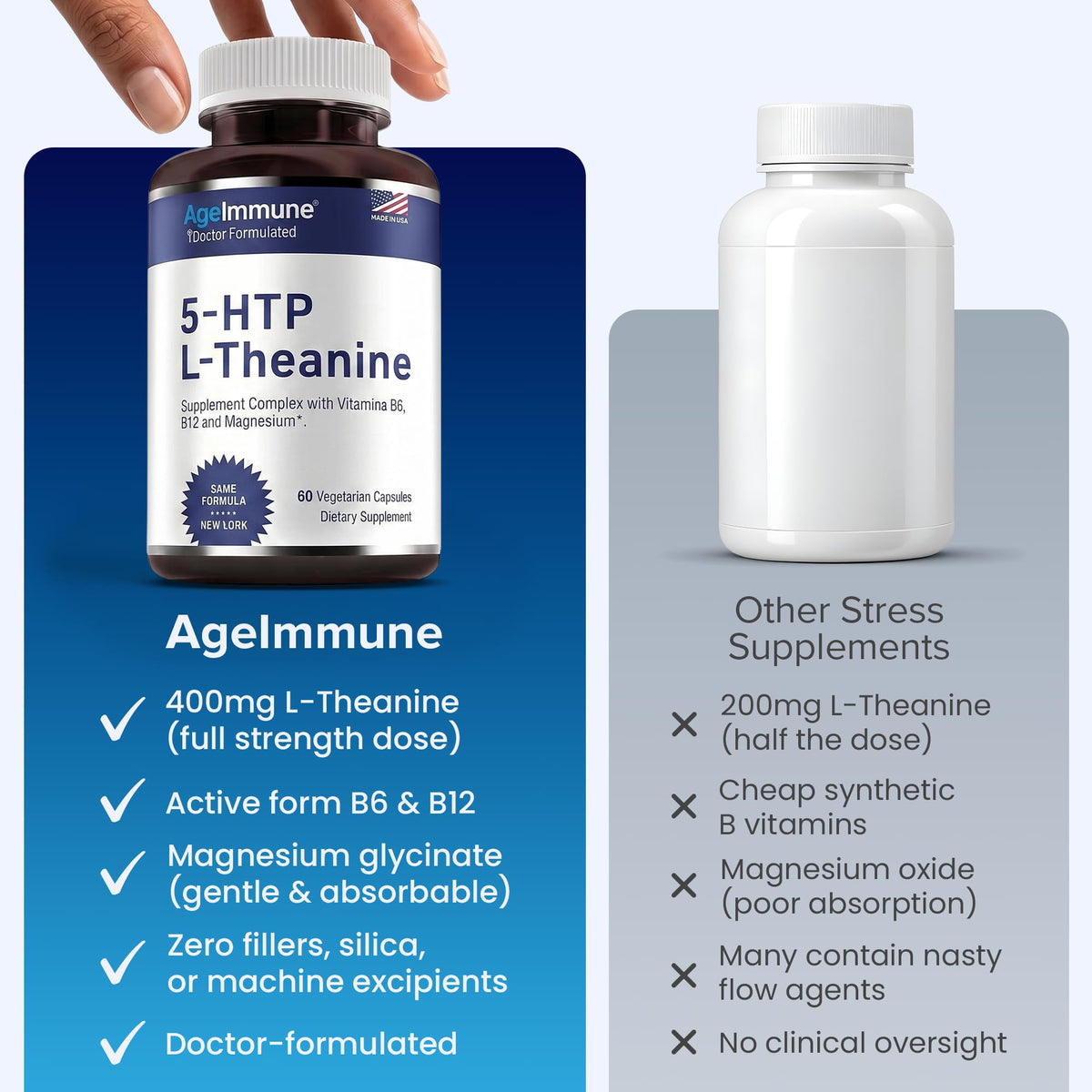 AgeImmune 5-HTP 100mg L-Theanine 400mg, vue de côté