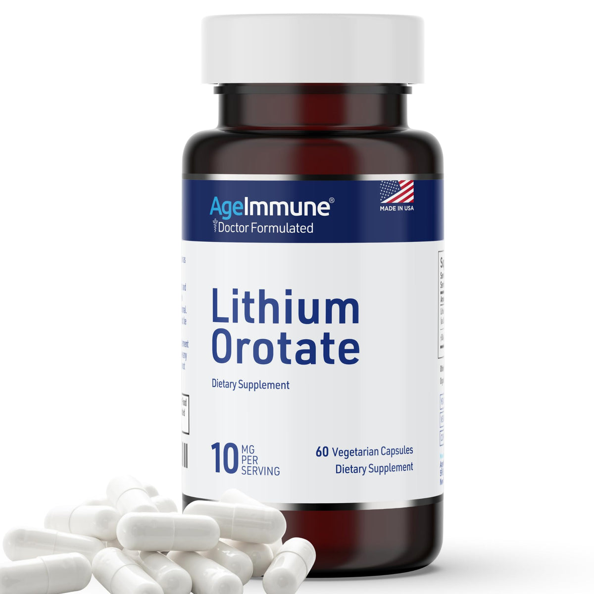AgeImmune Lithium Orotate 10mg avec un fond neutre