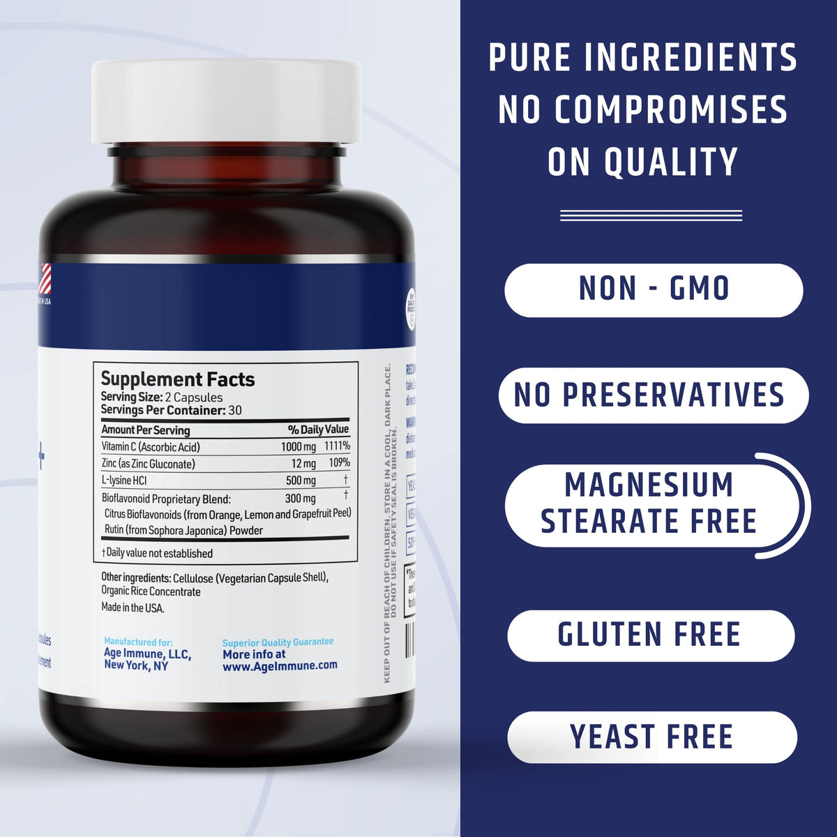 AgeImmune Vitamine C 1000mg Complexe près de capsules sur une table