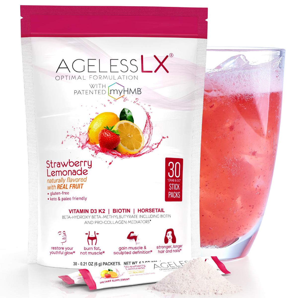 AgelessLX Complément Alimentaire en Poudre Fraise Citron sachets