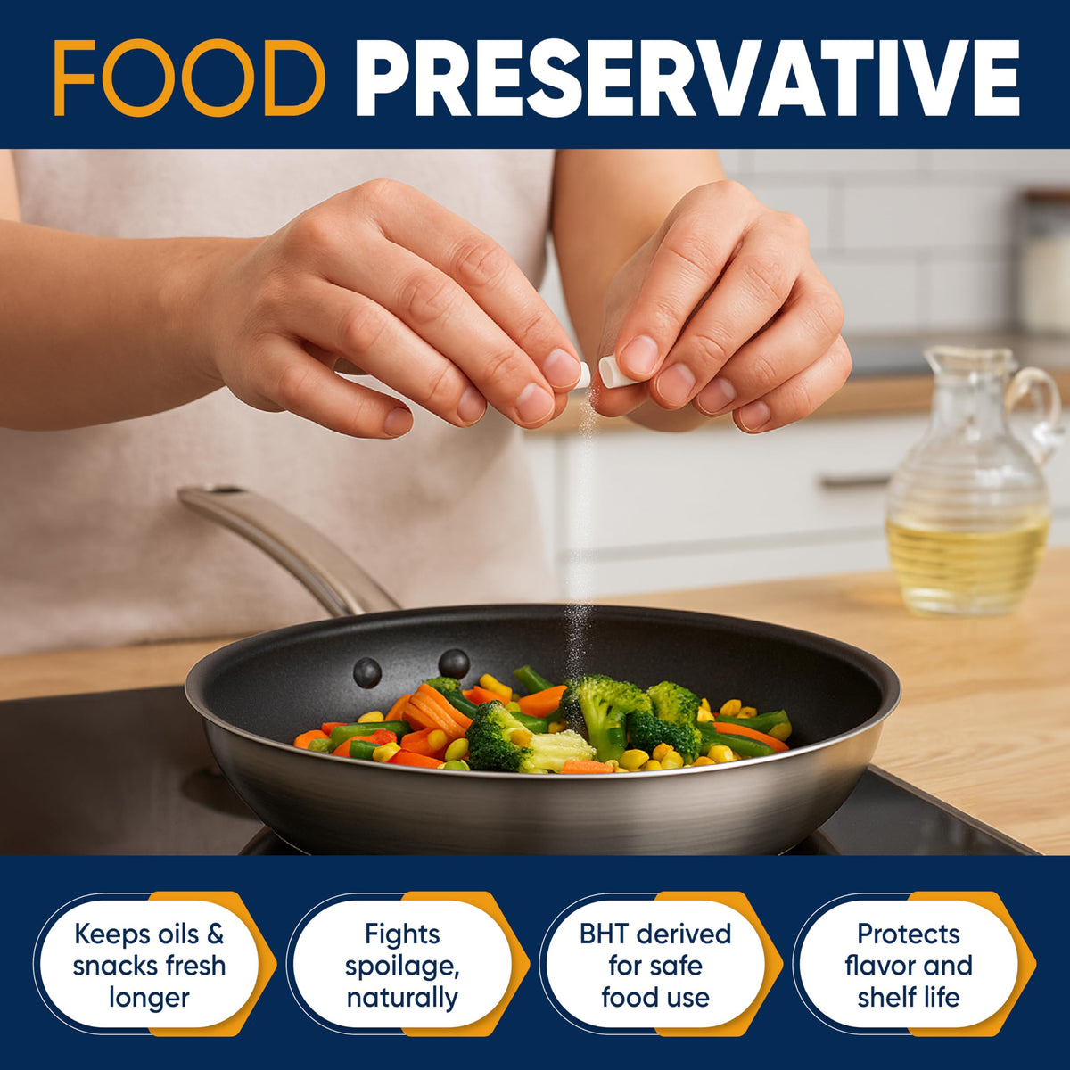 Agrément de plats avec BHT 250mg en cuisine