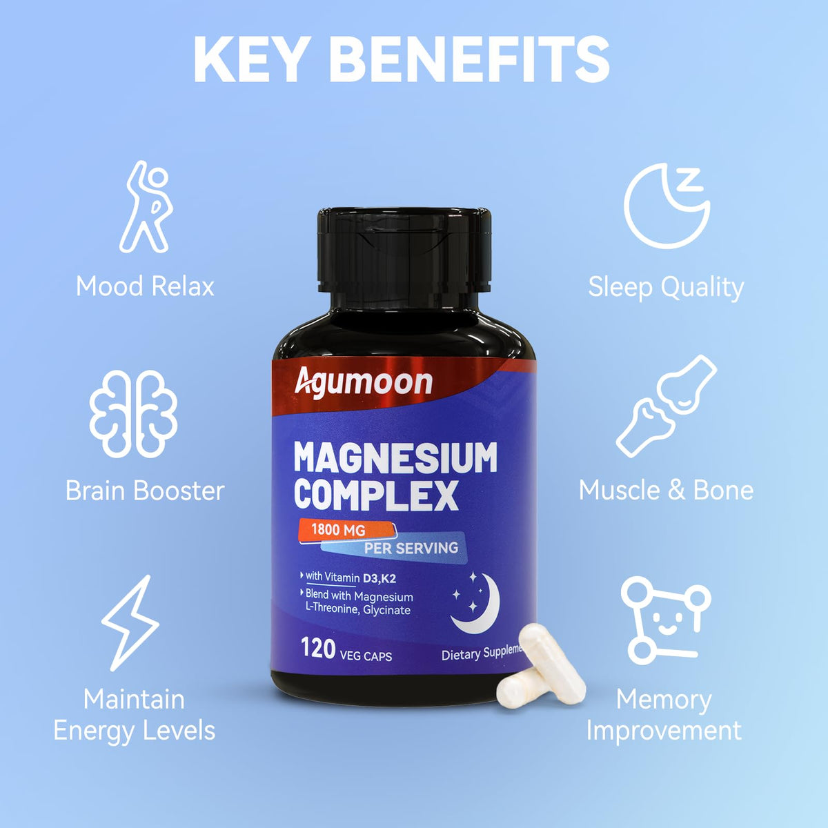 Agumoon Complément Alimentaire Magnésium capsules sur fond blanc